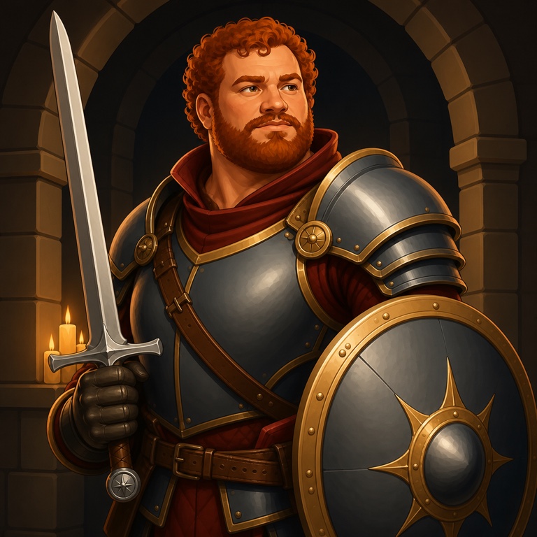A stocky auburn-haired fighter holding a raised sword and round shield