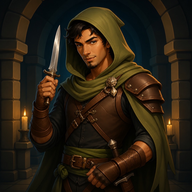 A hooded rogue in moss-green cloth holding a dagger at the ready